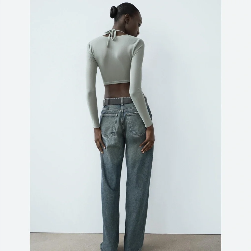 ZARA TULLE RUCHED CROP TOP NWT Long Sleeve Crisscross Straps M